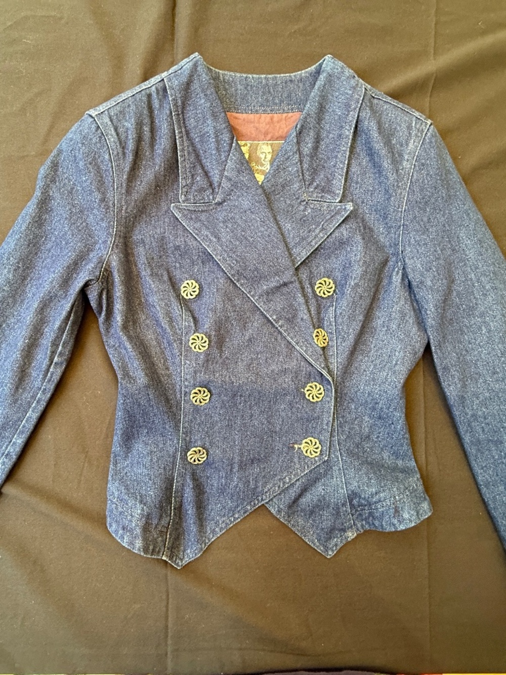 Cerini vintage blue jean jacket with decorative buttons and embroidered cut-outs